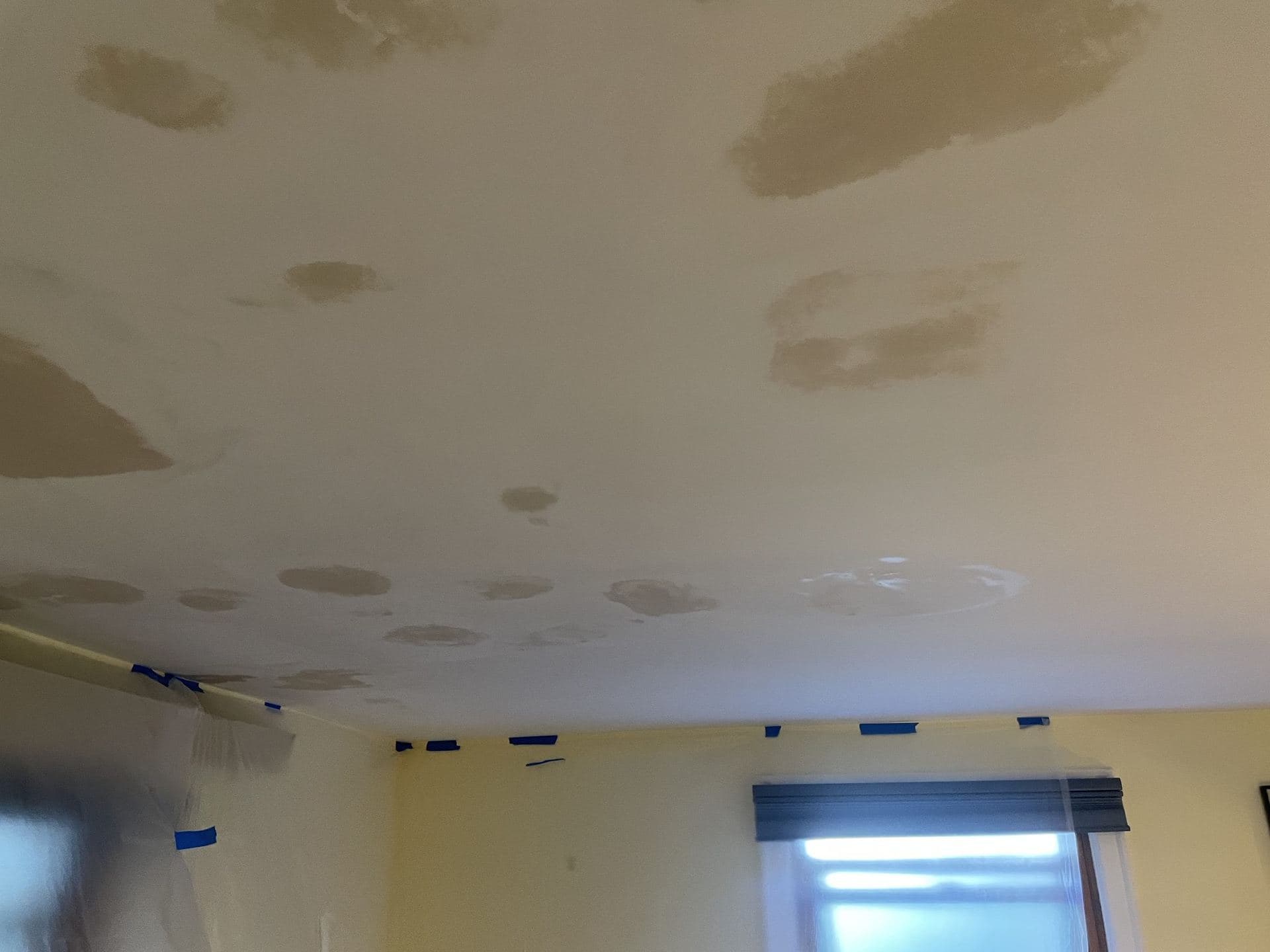 Close view of fresh drywall mud patches across a ceiling